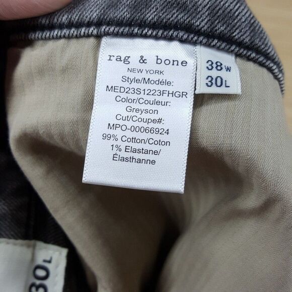 RAG & BONE Jeans Mens 38x30 Gray Wash Fit 2 Authentic Stretch Slim Greyson $255 - Picture 7 of 11